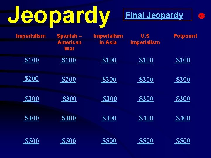 Jeopardy Final Jeopardy Imperialism Spanish – American War Imperialism in Asia U. S Imperialism