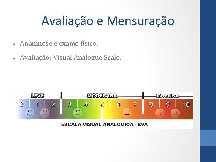 Avaliação e Mensuração Anamnese e exame físico. Avaliação: Visual Analogue Scale. 