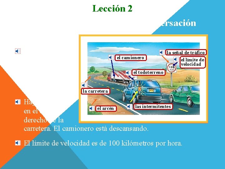Lección 2 Vocabulario para la conversación El todoterreno está rebasando un carro. Está rebasándolo Lección 2 Vocabulario para la conversación El todoterreno está rebasando un carro. Está rebasándolo
