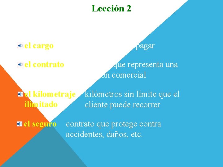 Lección 2 Más vocabulario el cargo lo que uno tiene que pagar el contrato