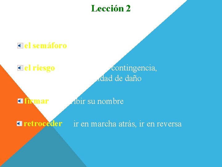 Lección 2 Más vocabulario el semáforo el riesgo firmar la luz roja el peligro,