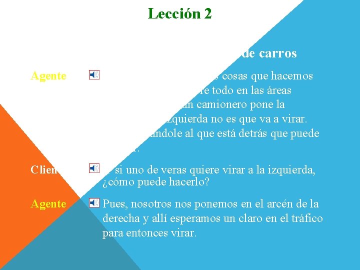 Lección 2 Conversación En la agencia de alquiler de carros Agente Precisamente. Ah, y