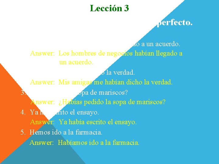 Lección 3 Escriban en el pluscuamperfecto. 1. Los hombres de negocios han llegado a Lección 3 Escriban en el pluscuamperfecto. 1. Los hombres de negocios han llegado a