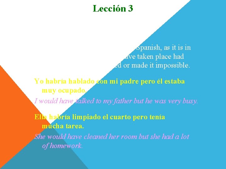 Lección 3 Condicional perfecto 2. The conditional perfect is used in Spanish, as it