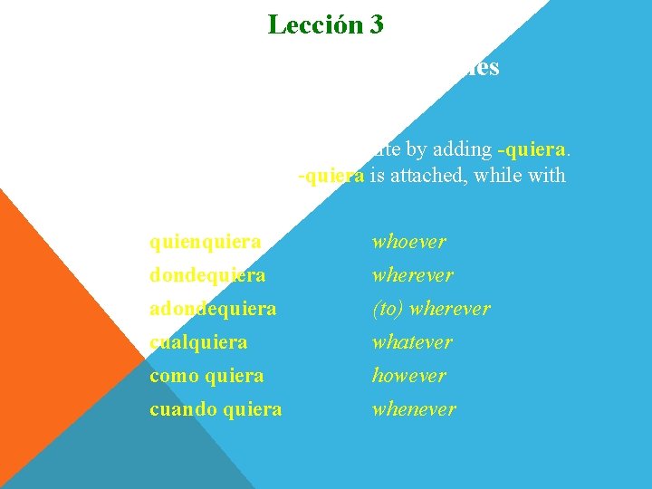 Lección 3 Subjuntivo con expresiones indefinidas A number of words are made indefinite by