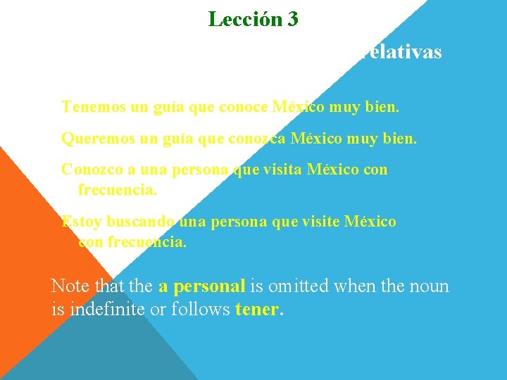 Lección 3 Subjuntivo en cláusulas relativas Tenemos un guía que conoce México muy bien.