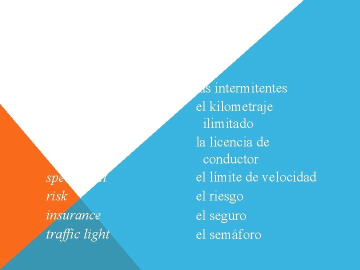 Vocabulario (English-Spanish) Conversación turn signal (car) unlimited kilometers driver’s license speed limit risk insurance