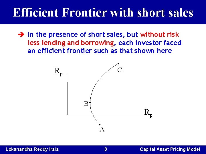 Efficient Frontier with short sales è In the presence of short sales, but without Efficient Frontier with short sales è In the presence of short sales, but without