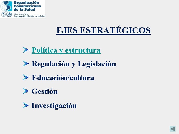 EJES ESTRATÉGICOS Política y estructura Regulación y Legislación Educación/cultura Gestión Investigación 