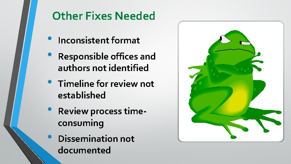 Other Fixes Needed • • Inconsistent format • Timeline for review not established •