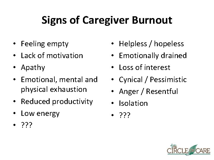 Signs of Caregiver Burnout Feeling empty Lack of motivation Apathy Emotional, mental and physical