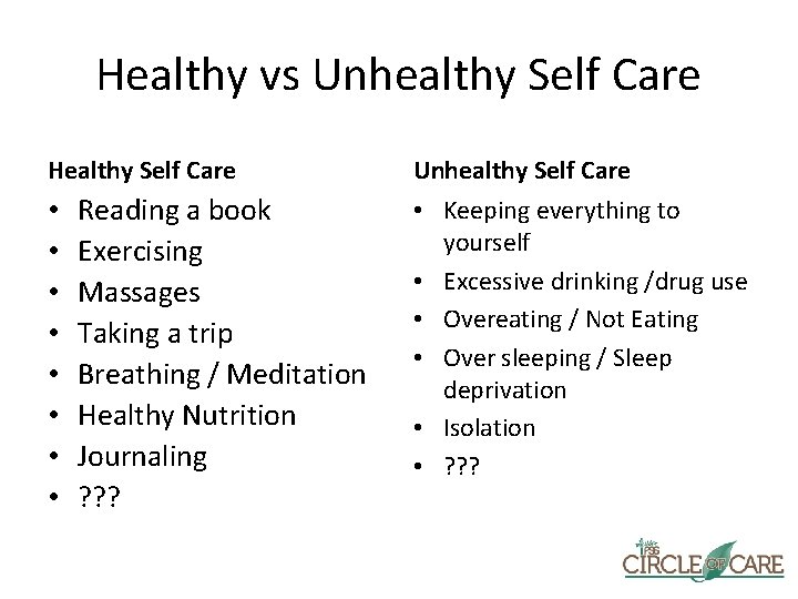 Healthy vs Unhealthy Self Care Healthy Self Care • • Reading a book Exercising