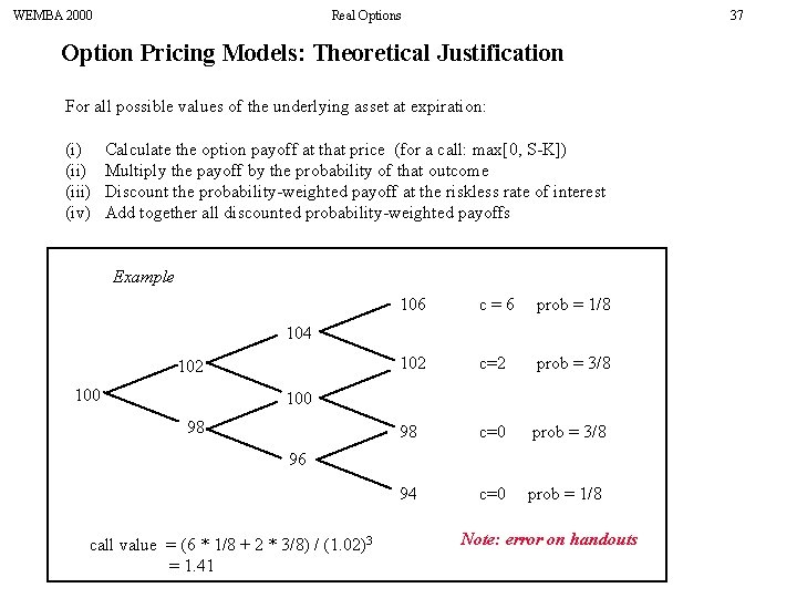 WEMBA 2000 Real Options 37 Option Pricing Models: Theoretical Justification For all possible values