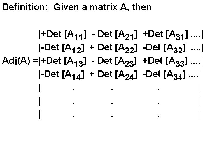 Definition: Given a matrix A, then |+Det [A 11] |-Det [A 12] Adj(A) =|+Det