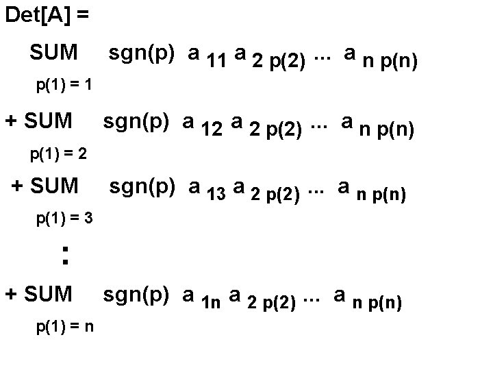 Det[A] = SUM sgn(p) a 11 a 2 p(2). . . a n p(n)