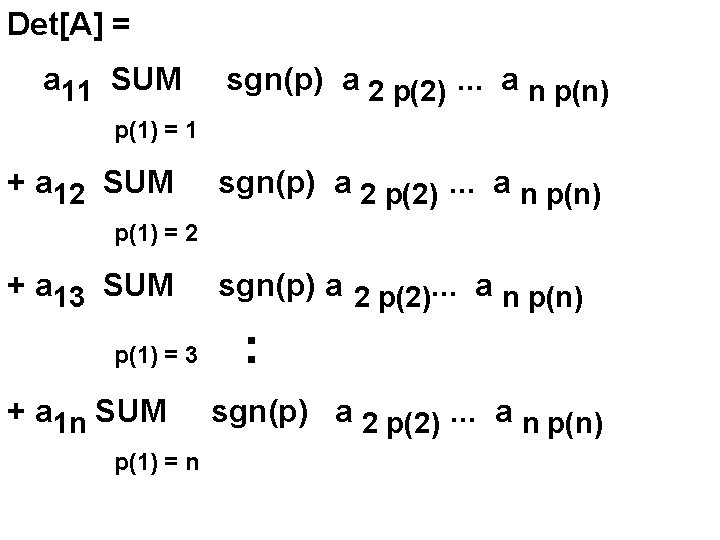 Det[A] = a 11 SUM sgn(p) a 2 p(2). . . a n p(n)