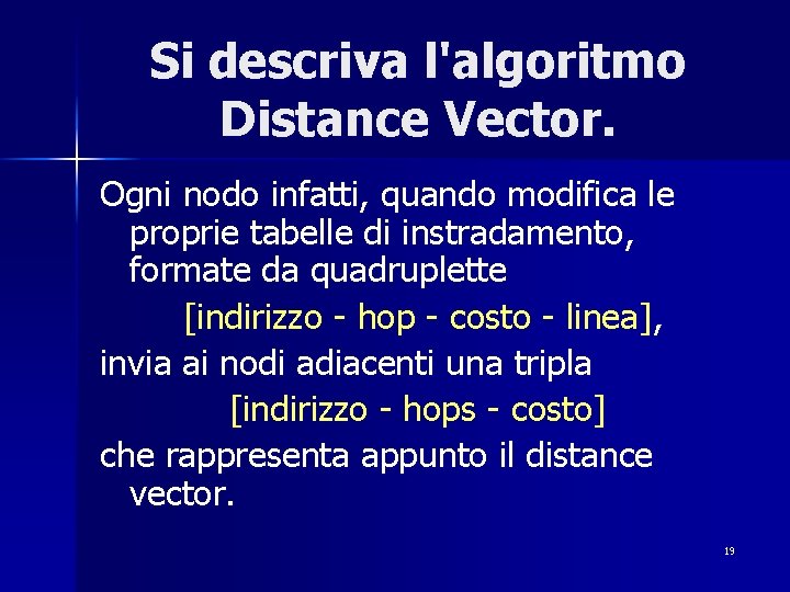 Si descriva l'algoritmo Distance Vector. Ogni nodo infatti, quando modifica le proprie tabelle di