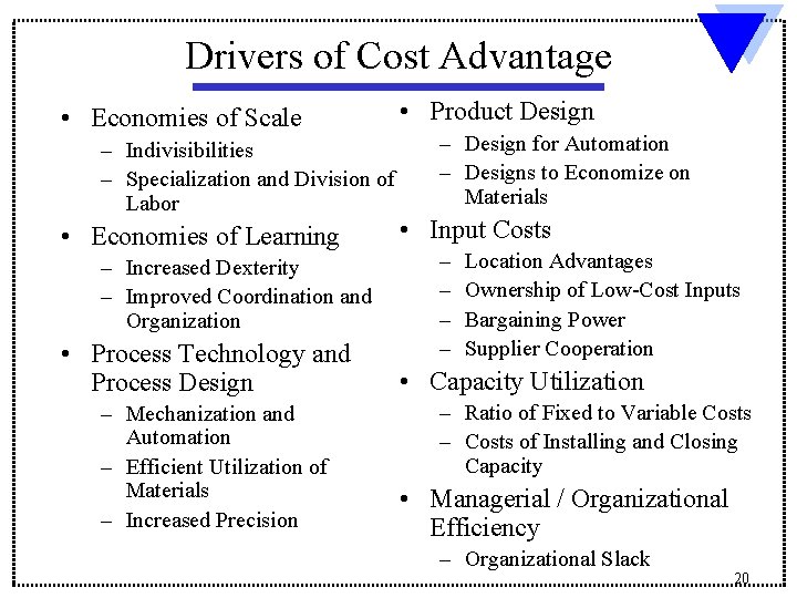 Drivers of Cost Advantage • Economies of Scale – Indivisibilities – Specialization and Division