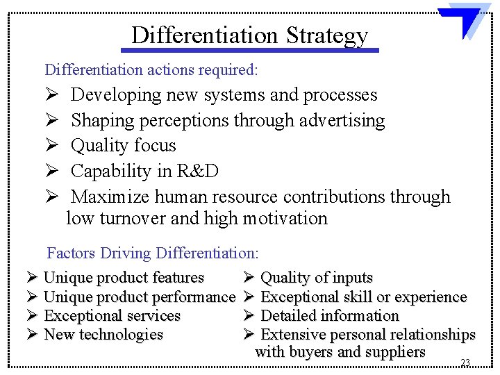 Differentiation Strategy Differentiation actions required: Ø Ø Ø Developing new systems and processes Shaping