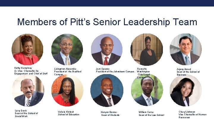Members of Pitt’s Senior Leadership Team Kathy Humphrey Sr. Vice Chancellor for Engagement and