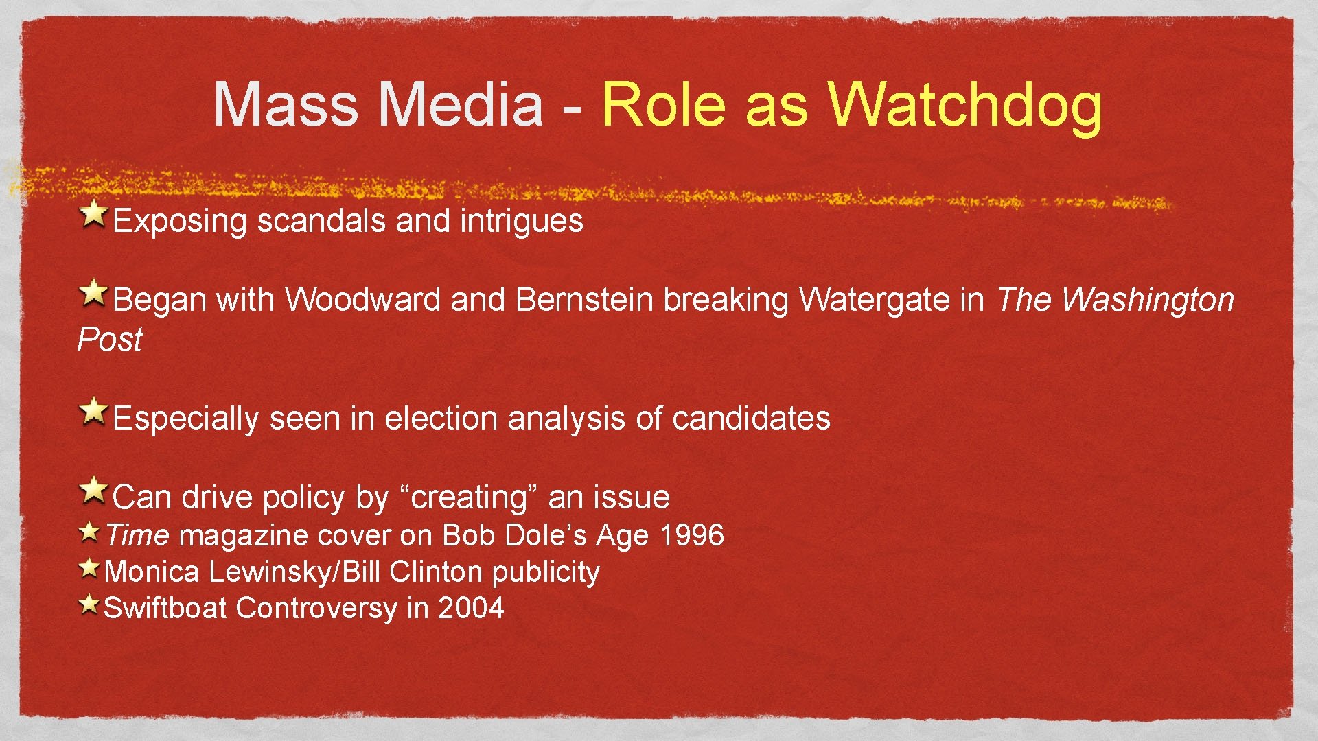 Mass Media - Role as Watchdog Exposing scandals and intrigues Began with Woodward and