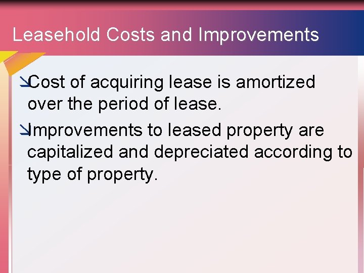 Leasehold Costs and Improvements æCost of acquiring lease is amortized over the period of