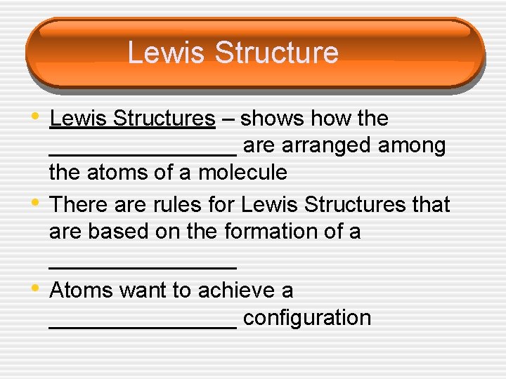 Lewis Structure • Lewis Structures – shows how the • • ________ are arranged