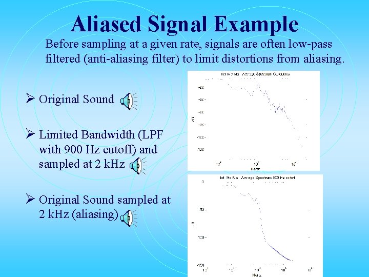 Aliased Signal Example Before sampling at a given rate, signals are often low-pass filtered