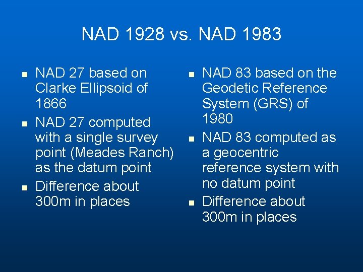 NAD 1928 vs. NAD 1983 n n n NAD 27 based on Clarke Ellipsoid NAD 1928 vs. NAD 1983 n n n NAD 27 based on Clarke Ellipsoid