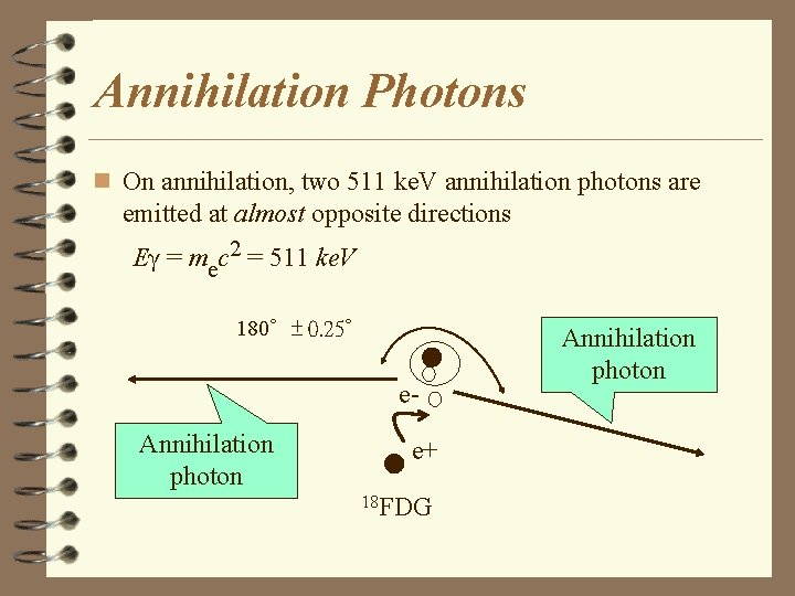 Annihilation Photons n On annihilation, two 511 ke. V annihilation photons are emitted at