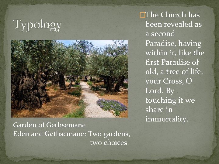 Typology Garden of Gethsemane Eden and Gethsemane: Two gardens, two choices �The Church has
