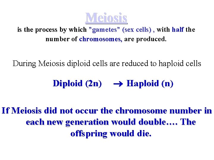 Meiosis is the process by which ”gametes” (sex cells) , with half the number