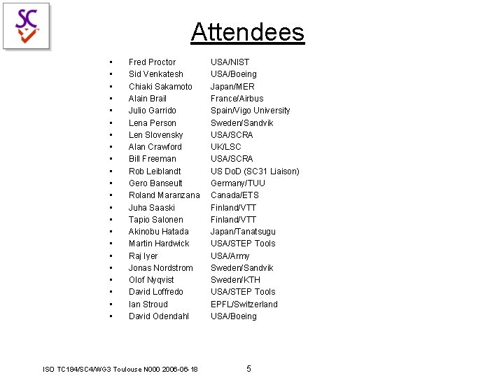 Attendees • • • • • • Fred Proctor Sid Venkatesh Chiaki Sakamoto Alain Attendees • • • • • • Fred Proctor Sid Venkatesh Chiaki Sakamoto Alain