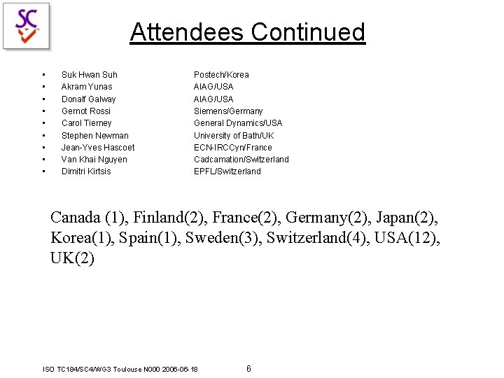 Attendees Continued • • • Suk Hwan Suh Akram Yunas Donalf Galway Gernot Rossi Attendees Continued • • • Suk Hwan Suh Akram Yunas Donalf Galway Gernot Rossi