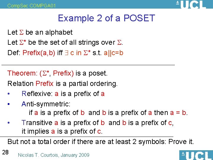 Comp. Sec COMPGA 01 Example 2 of a POSET Let be an alphabet Let