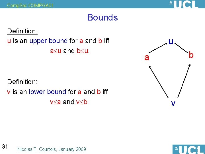 Comp. Sec COMPGA 01 Bounds Definition: u is an upper bound for a and