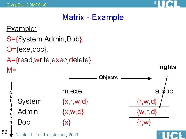 Comp. Sec COMPGA 01 Matrix - Example: S={System, Admin, Bob}. O={exe, doc}. A={read, write,