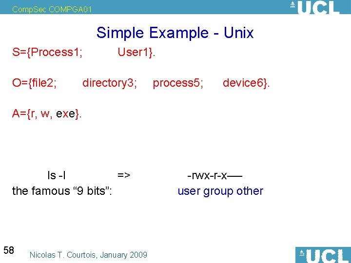 Comp. Sec COMPGA 01 Simple Example - Unix S={Process 1; O={file 2; User 1}.