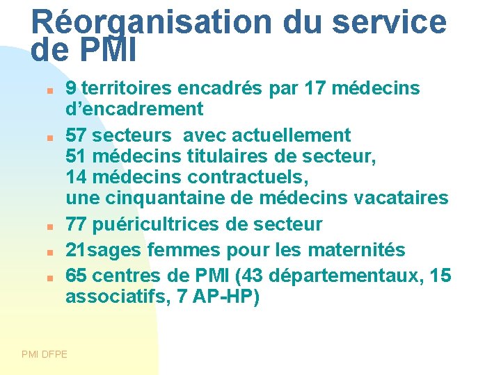 Réorganisation du service de PMI 9 territoires encadrés par 17 médecins d’encadrement 57 secteurs
