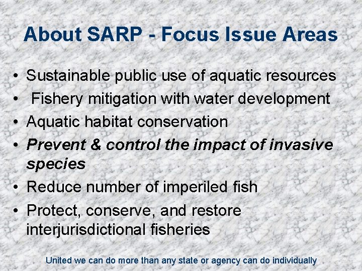About SARP - Focus Issue Areas • • Sustainable public use of aquatic resources
