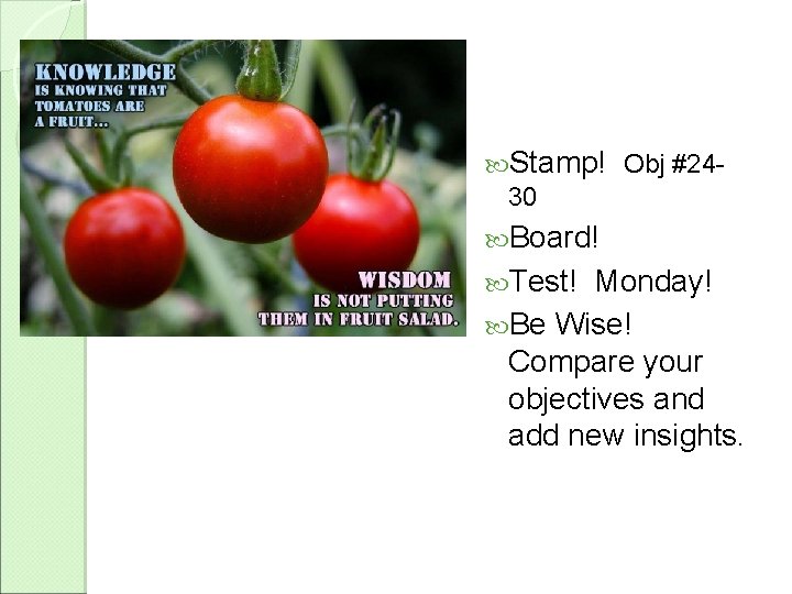  Stamp! Obj #2430 Board! Test! Monday! Be Wise! Compare your objectives and add