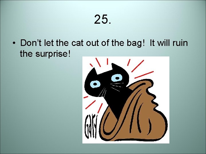 25. • Don’t let the cat out of the bag! It will ruin the