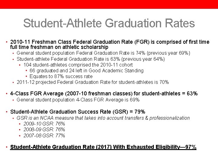 Student-Athlete Graduation Rates • 2010 -11 Freshman Class Federal Graduation Rate (FGR) is comprised