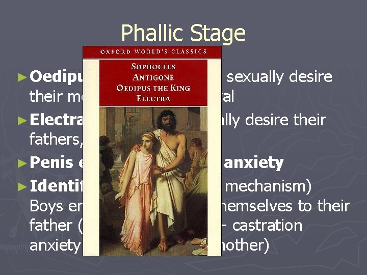 Phallic Stage ► Oedipus Complex: Boys sexually desire their mothers, father as rival ►