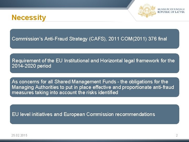 Necessity Commission’s Anti-Fraud Strategy (CAFS), 2011 COM(2011) 376 final Requirement of the EU Institutional