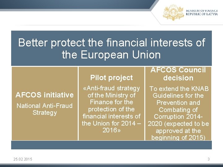 Better protect the financial interests of the European Union Pilot project AFCOS initiative National