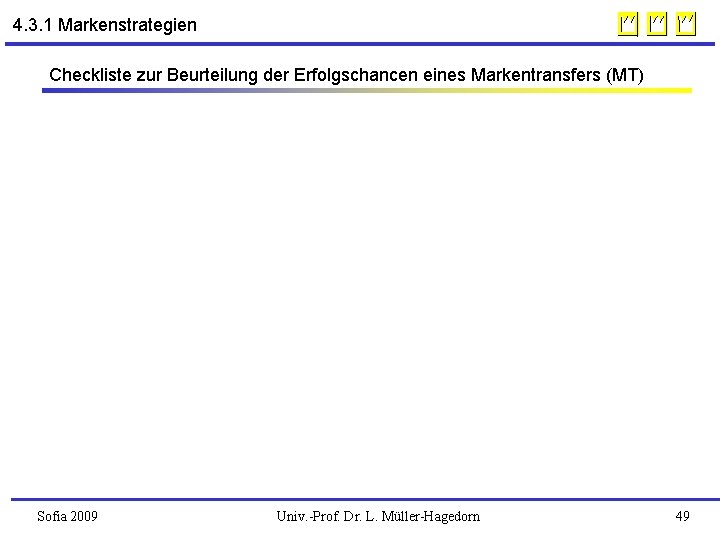 4. 3. 1 Markenstrategien Checkliste zur Beurteilung der Erfolgschancen eines Markentransfers (MT) Sofia 2009