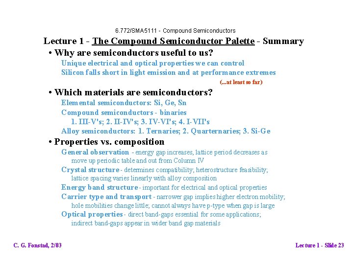 6. 772/SMA 5111 - Compound Semiconductors Lecture 1 - The Compound Semiconductor Palette -