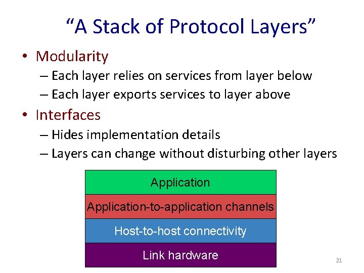 “A Stack of Protocol Layers” • Modularity – Each layer relies on services from