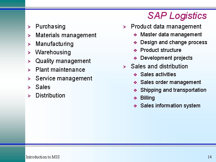 SAP Logistics Ø Ø Ø Ø Ø Purchasing Materials management Manufacturing Warehousing Quality management